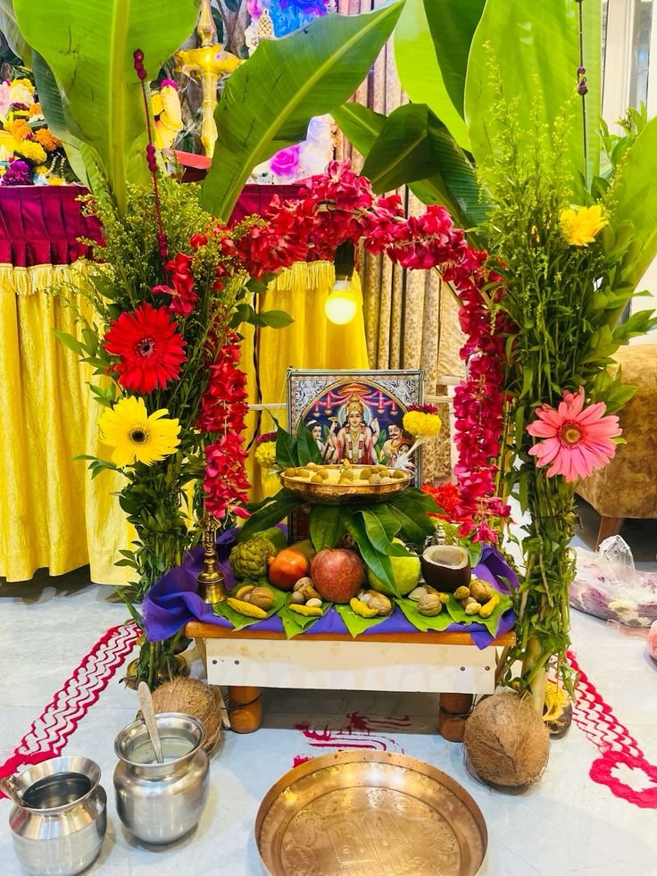 पूजा मंडप सजावट - गेंदे व गुलाब के फूलों सहित