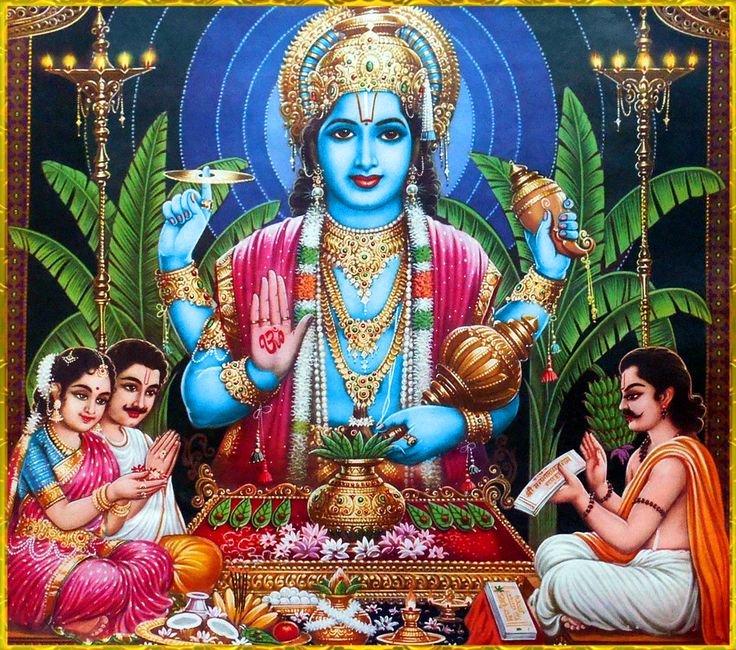 सत्यनारायण भगवान एवं भक्त पूजा चित्र